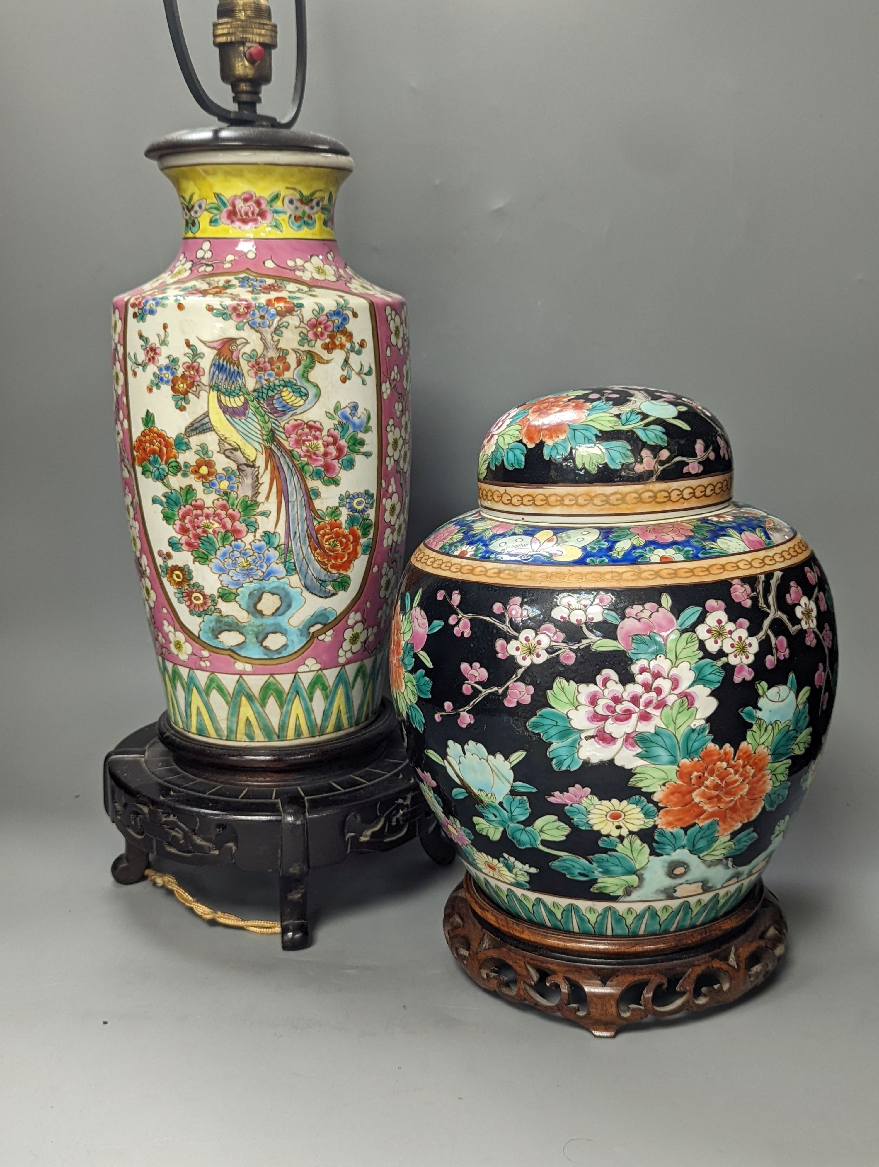 A Japanese porcelain jar and cover and a similar vase converted to a lamp, Table lamp 70 cms including stand and light fitting.